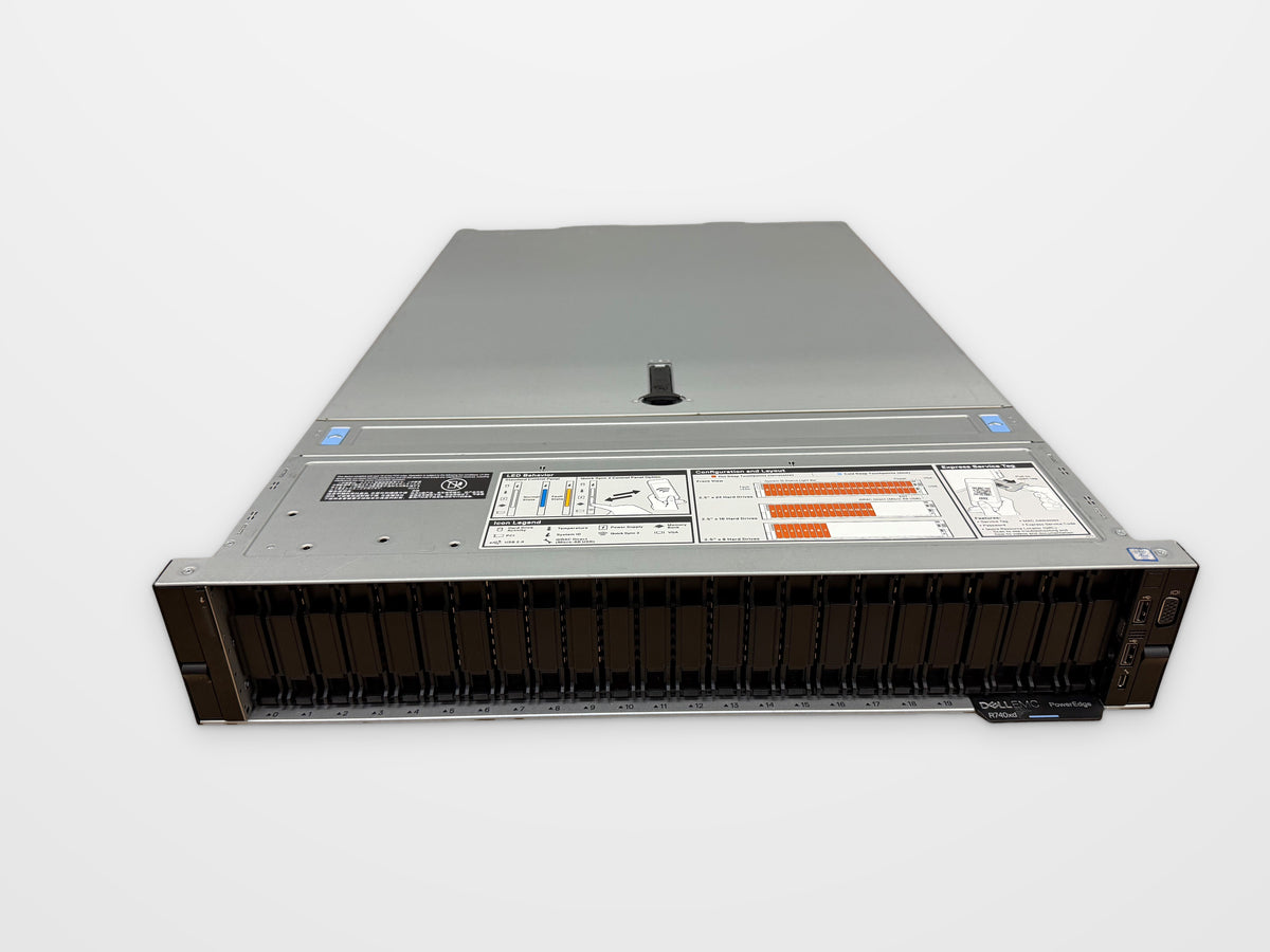 Refurbished Dell PowerEdge R740xd 24SFF 2U server used as an AI inference build, angled front view