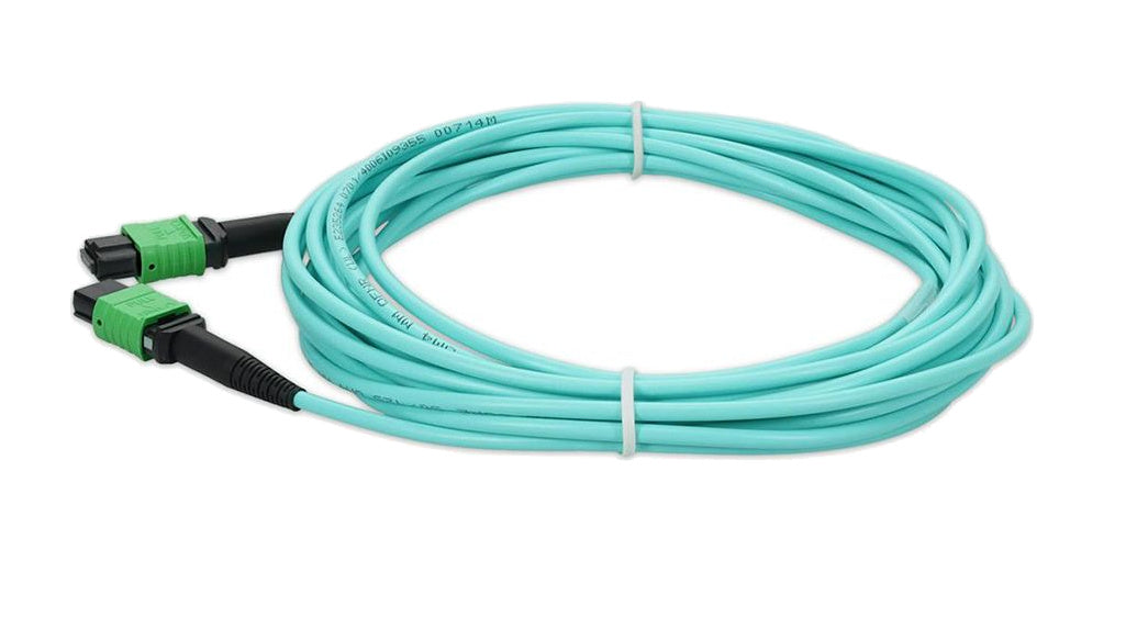 FIB-MPO12-MM-16M 16M Multimode Fiber Optic Cable, MPO-12/APC to MPO-12/APC OM3/OM4 Trunk Patch Cord - front view on white