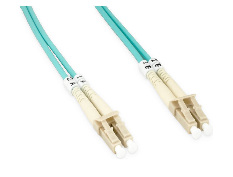 OM4-LCLC-25 OM4 multimode LC to LC duplex fiber patch cable, 25m, LC duplex connectors close-up