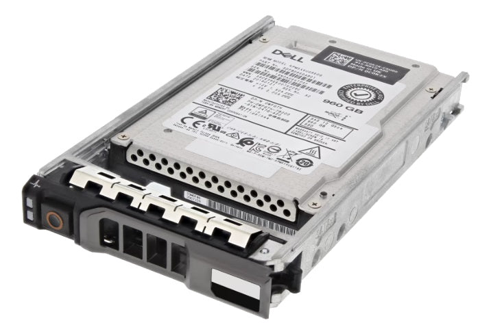 400-BBPN Dell 960GB 12G SAS read-intensive 2.5" SSD, Refurbished, angled view in Dell drive carrier