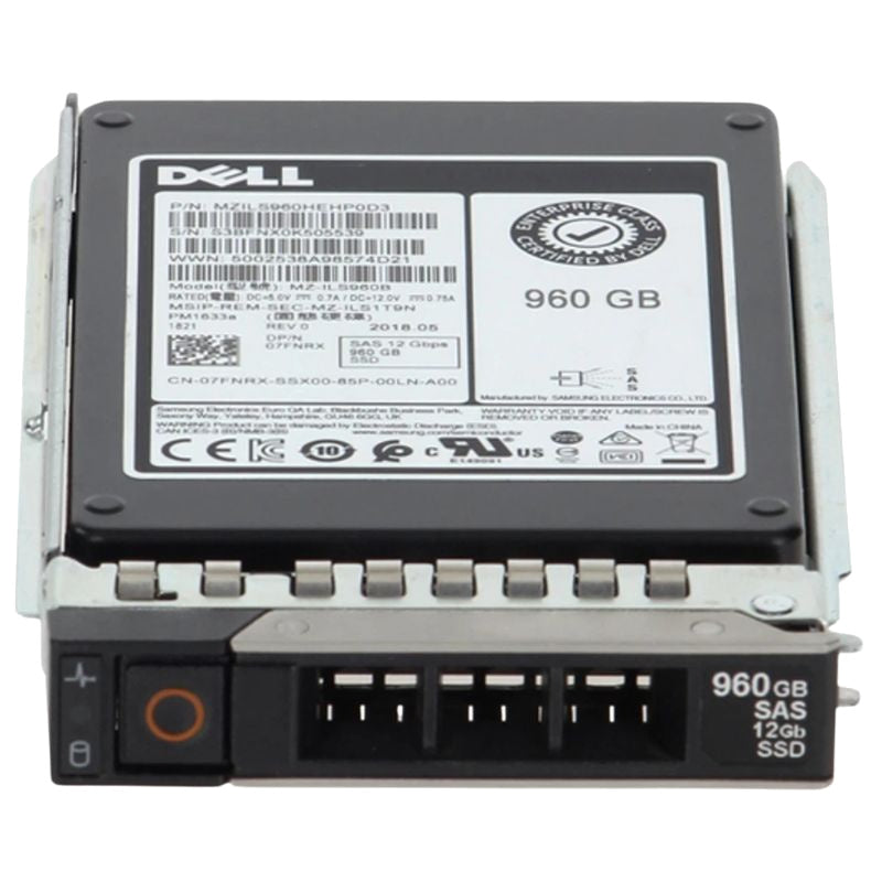 400-BBPN Dell 960GB 12G SAS read-intensive 2.5" SSD, Refurbished, top label view in Dell drive carrier