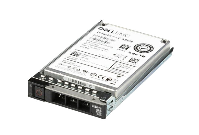 400-BGJW Dell 3.84TB 12G SAS read-intensive 2.5" SSD, Refurbished, angled view in Dell drive carrier