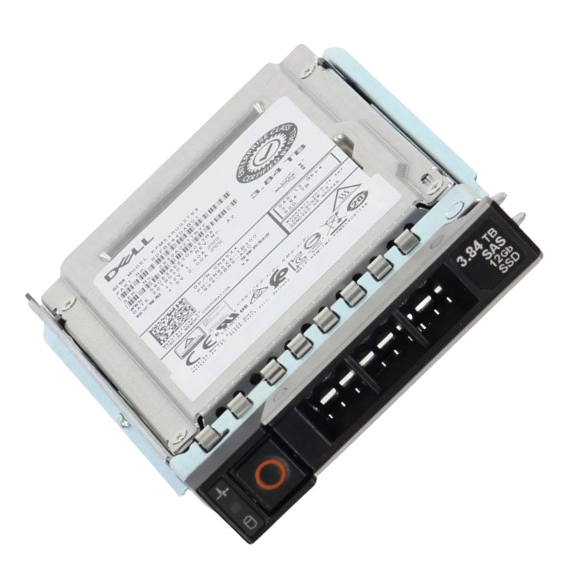 400-BGJW Dell 3.84TB 12G SAS read-intensive 2.5" SSD, Refurbished, top angled view in Dell drive carrier