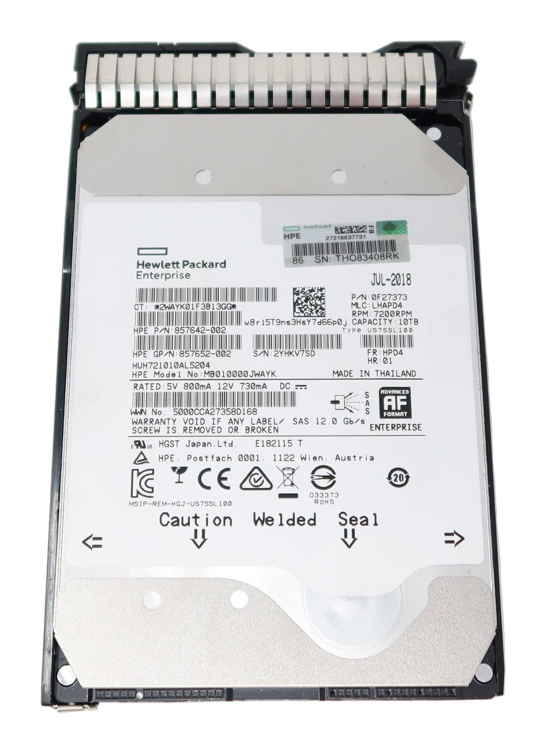 857644-B21 HPE 10TB 12G SAS 7.2K LFF SC helium HDD, Refurbished, top label view