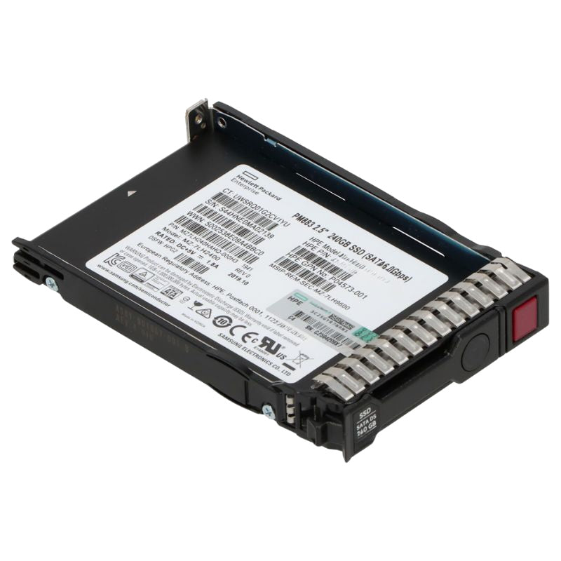 868814-B21 HPE 240GB SATA 6G read-intensive SFF SSD, Refurbished, angled view in HPE SC carrier