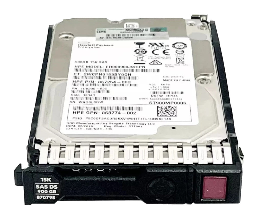 870759-B21 HPE 900GB 12G SAS 15K SFF SC DS HDD, Refurbished, top label view in HPE SC carrier