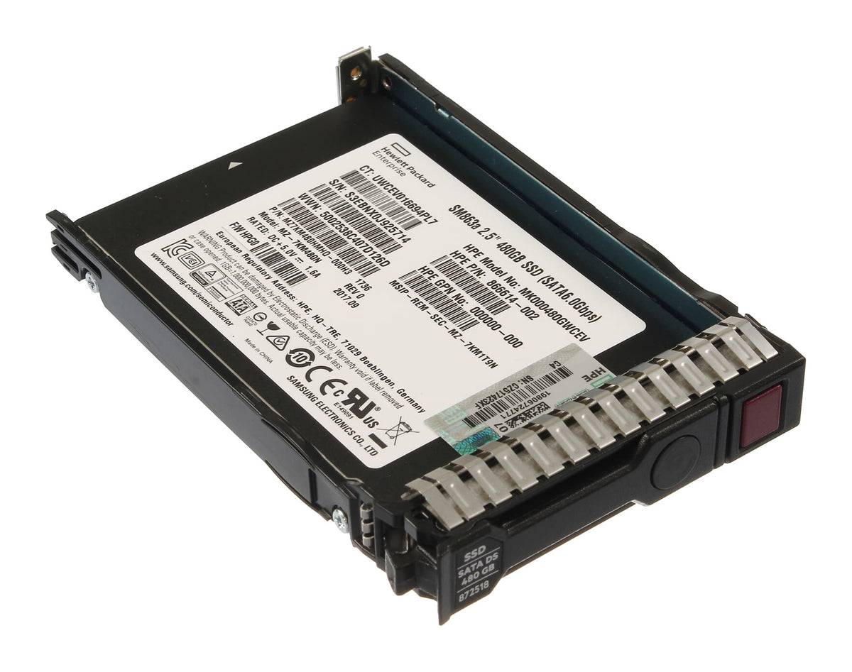 872344-B21 HPE 480GB SATA 6G mixed-use SFF SSD, Refurbished, angled view in HPE SC carrier