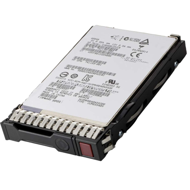 872344-B21 HPE 480GB SATA 6G mixed-use SFF SSD, Refurbished, angled label view in HPE SC carrier