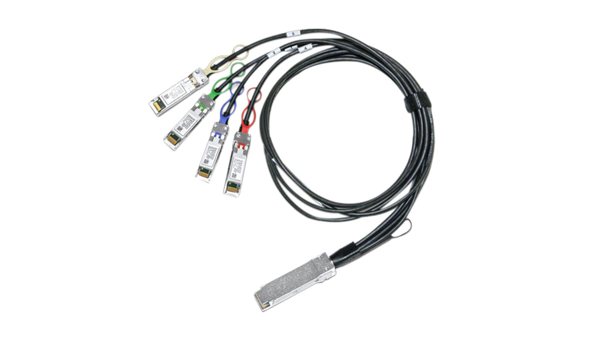MCP7F00-A002R30N, Refurbished, NVIDIA 100GbE QSFP28 to 4x25GbE SFP28 Passive Breakout DAC Cable, 2m - front view on white