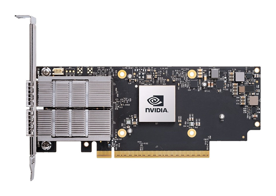 MCX713106AS-CEAT NVIDIA ConnectX-7 dual-port 100GbE QSFP112 NIC, Refurbished, front view with full-height bracket