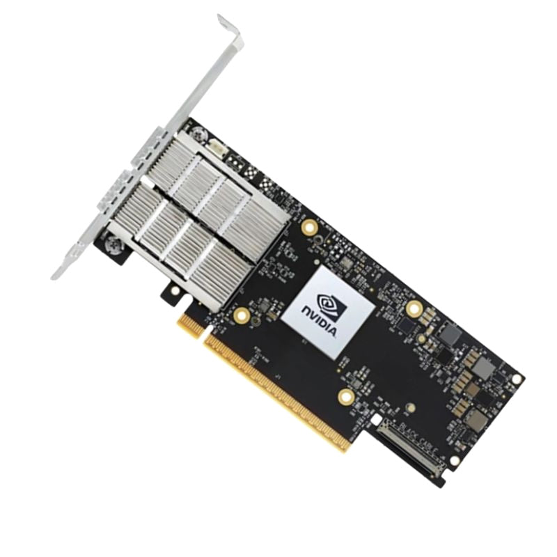 MCX713106AS-CEAT NVIDIA ConnectX-7 dual-port 100GbE QSFP112 NIC, Refurbished, angled view