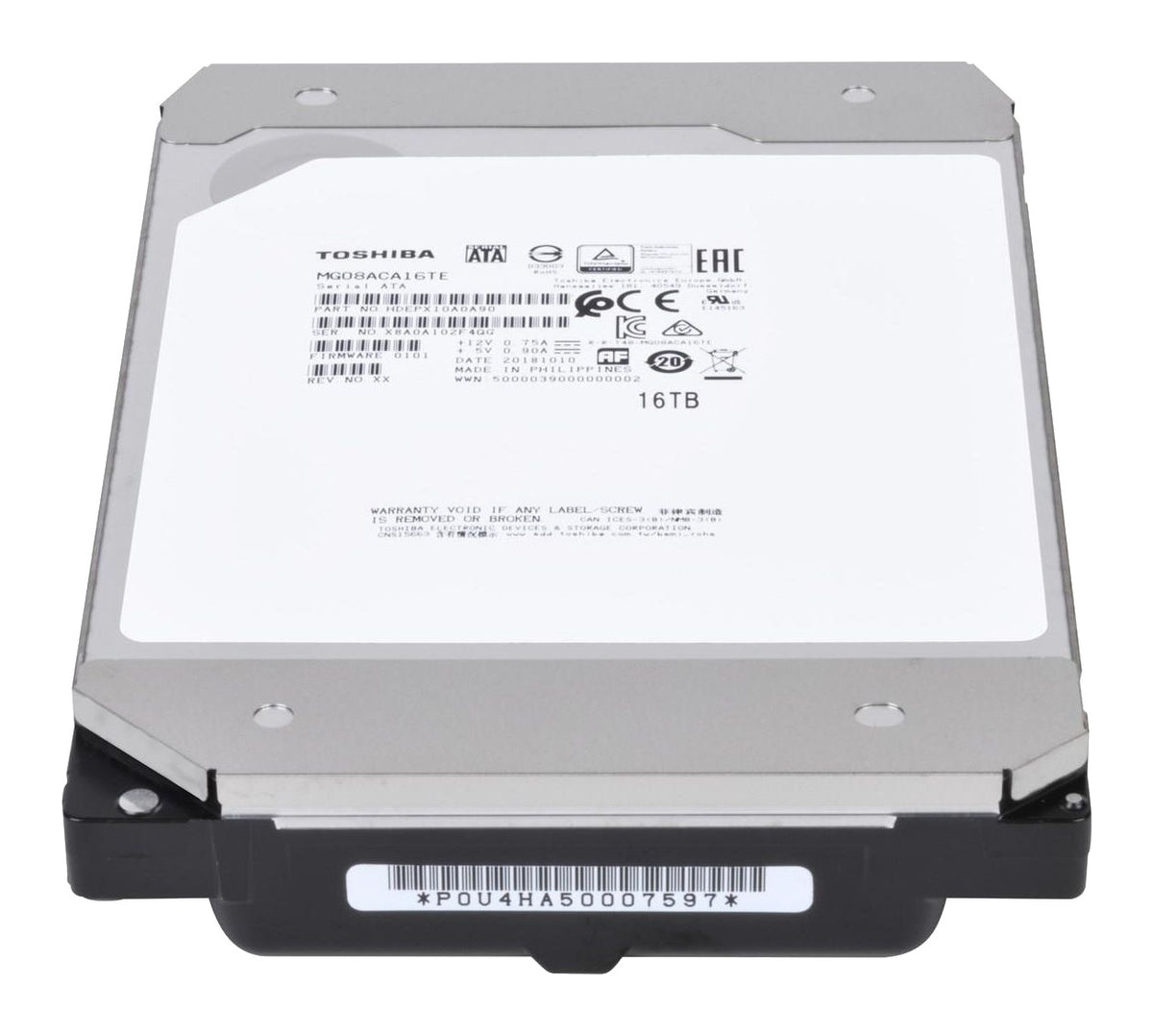MG08SCA16TE Toshiba 16TB 7.2K 12G SAS 512e HDD, Refurbished, top label view