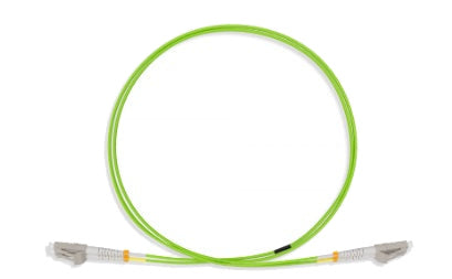 OM5 Multimode Fiber Patch Cable, LC to LC 50/125 Wideband, LSZH/OFNR Dual-Rated, Lime Green - front view on white
