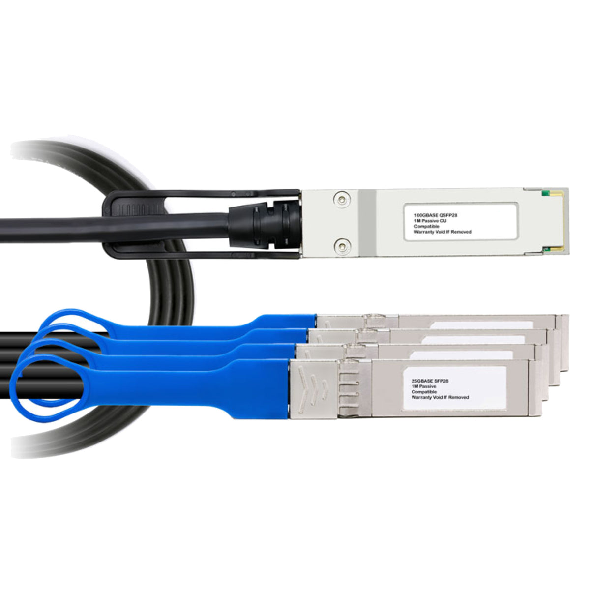 QSFP-4SFP25G-CU3M Cisco Compatible, 100G QSFP28 to 4xSFP25G Passive Breakout DAC Cable - 3m - front view on white
