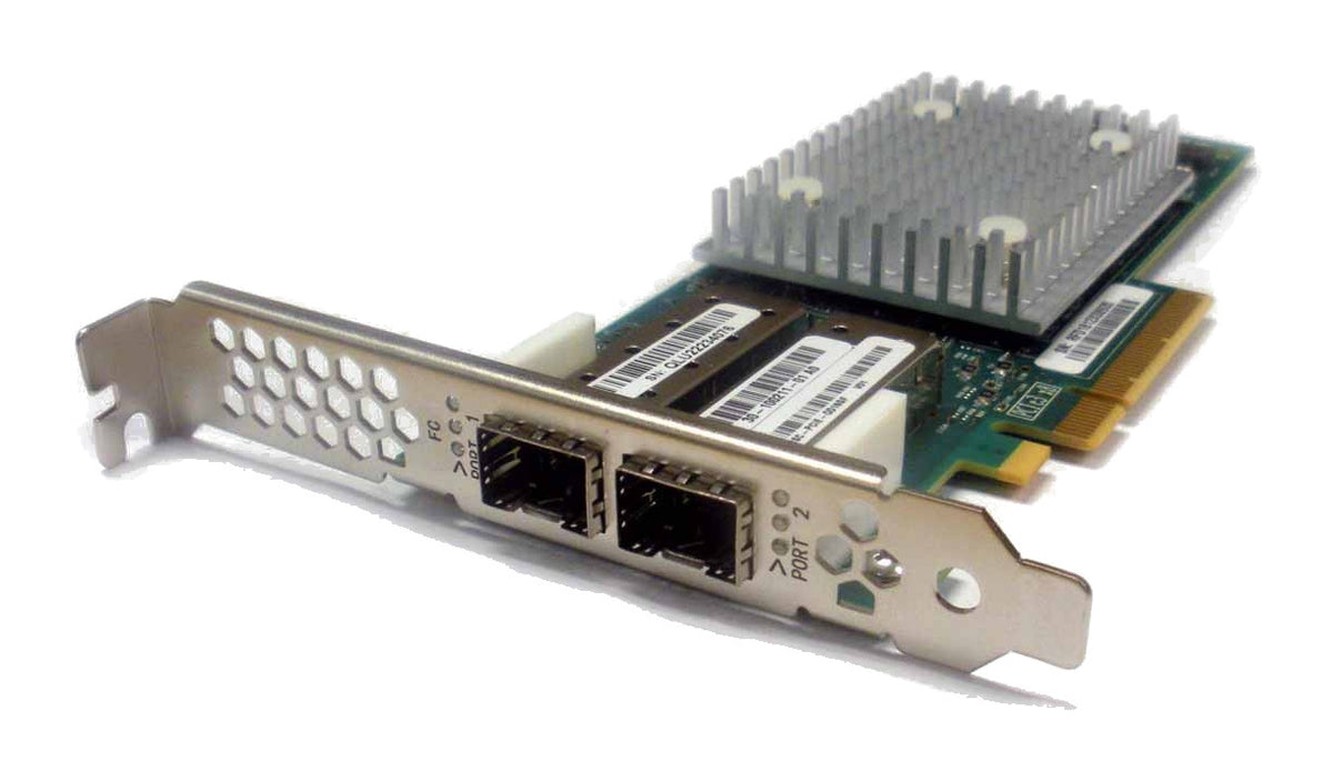 UCSC-PCIE-QD16GF Cisco QLogic QLE2692 dual-port 16G FC HBA, Refurbished, angled view with SFP ports